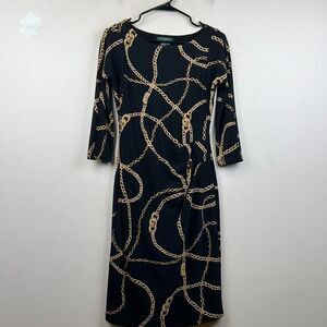 LAUREN RALPH LAUREN Black Gold Chain Link Jersey Dress Boat Neck Pullover Sz 4